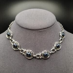 Vintage 1960s Faux Hematite Cabochon Necklace, 15 1/2", Silver Tone